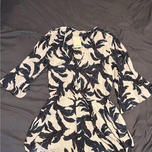 Elan Black and White Leaf Print Jumpsuit